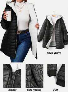 SHEIN Clasi Plus Size Women Striped Padded Coat, With Plush Lining, Warm And Versatile For Elegant Daily Wear, Thick For Autumn/Winter - White - View 1