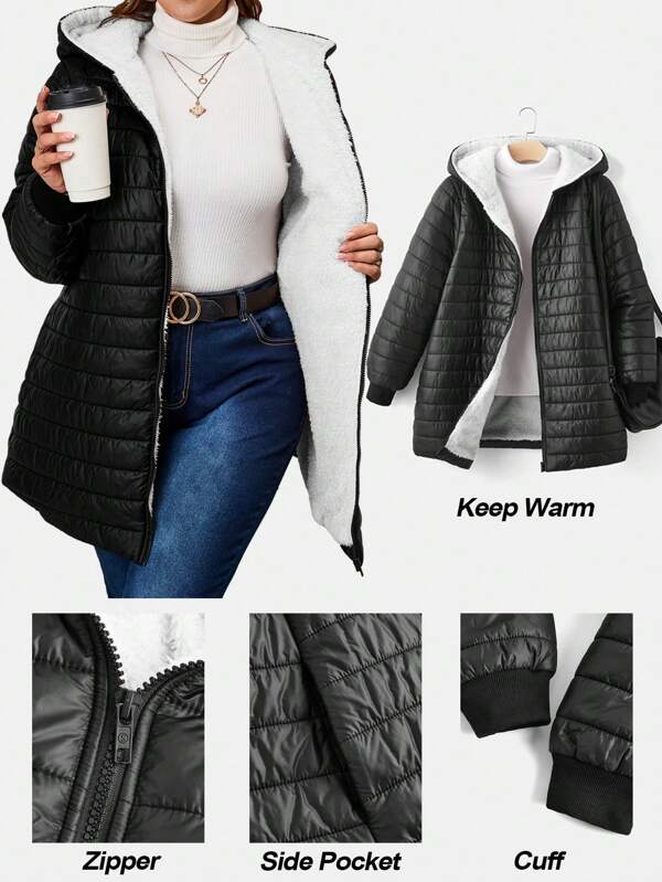 SHEIN Clasi Abrigo acolchado con rayas para mujer de talla grande, con forro de peluche, cálido y versátil para un uso elegante diario, grueso para otoño/invierno