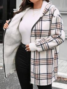 SHEIN LUNE Plus Size Buffalo Plaid Pattern Opadające Ramiona Kaptur Teddy Coat Zimowe Ubrania Nowości Strój Damski Strój Świąteczny Termiczny - Wielokolorowe - Zobacz 7