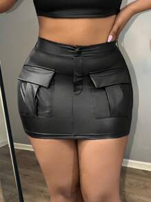 Slaydiva Falda negra de piel sintética (PU) con bolsillo, de cintura alta y supermini, para mujer, de estilo de calle casual y joven, con diseño tridimensional - Negro - Ver 9