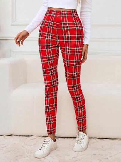 SHEIN LUNE Leggings entallados elegantes y casuales con estampado de tartán de color rojo oscuro vintage para mujer, perfectos para otoño/invierno