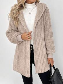 SHEIN LUNE Women Hooded Drawstring Hem Plush Texture Casual Commuter Elegant Outerwear, Suitable For Autumn/Winter