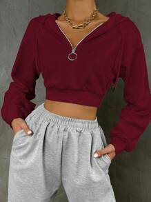 SHEIN Unity V-Neck Full Zip Long Sleeve Solid Color Casual Cropped Hoodie Sweatshirt For Women - Burgundy - View 1