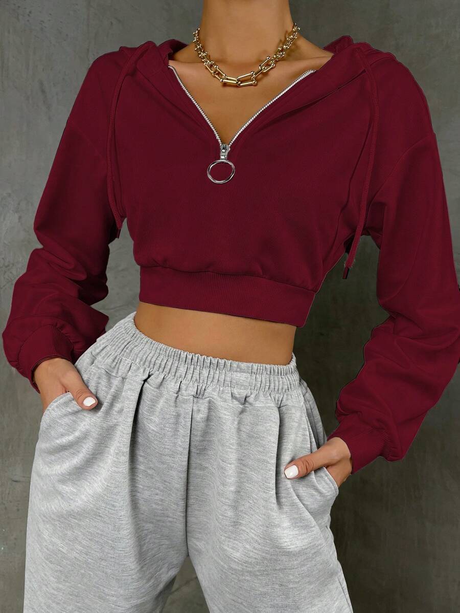 SHEIN Unity V-Neck Full Zip Long Sleeve Solid Color Casual Cropped Hoodie Sweatshirt For Women - Burgundy - View 1