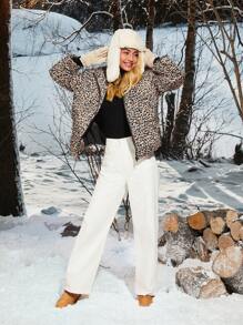 SHEIN EZwear Leopard Print Woven Women Winter Long Sleeve Zipper Collar Hooded Padded Coat - Mocha Brown - View 4