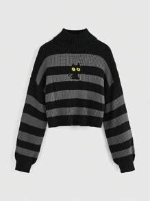 ROMWE Kawaii Cute Black Cat Embroidery Turtleneck Striped Pullover Sweater, Casual For Teens