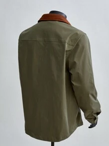 Manfinity VCAY 1件男士休闲宽松拼接长袖衬衫，秋季款 - 橄欖綠 - 查看 2