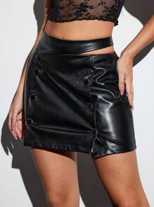 Luenia Vidal Designer PU Perforated Asymmetric Metal Button Skirt, For Party, Vacation, Holiday, Spring, Beach, Festival, Ibiza Fits - Black - View 4