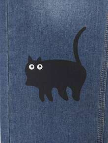 Jeans simples con bolsillo delantero y estampado de gato para mujer, uso casual de todos los días - Azul - Ver 3