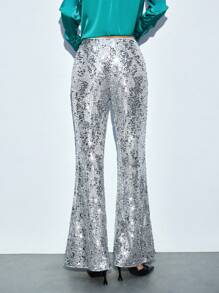 Maija Zilveren gebreide flared broek met pailletten voor dames, elegante feest-/Valentijnsdagkleding, lente/zomer