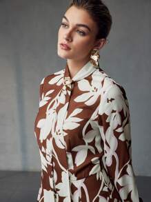 MOTF PREMIUM ALLOVER PRINT BUCKLE TIE NECK LANTERN SLEEVE FOLD PLEATED DRESS