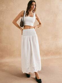 SHEIN Frenchy Chất liệu thêu tinh xảo màu trắng, cạp cao, xếp ly, viền lượn sóng, váy yếm thường ngày, váy trắng, trang phục nữ thần Hy Lạp, váy tiên, trang phục thanh lịch cho nữ, trang phục mùa thu cho nữ, trang phục mùa đông cho nữ, đi chơi hàng ngày, đi làm, FW24 - trắng - Xem 5