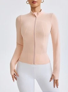 Damen Sportjacke mit durchgehendem Reißverschluss, einfarbig, Langarm, mit Kragen