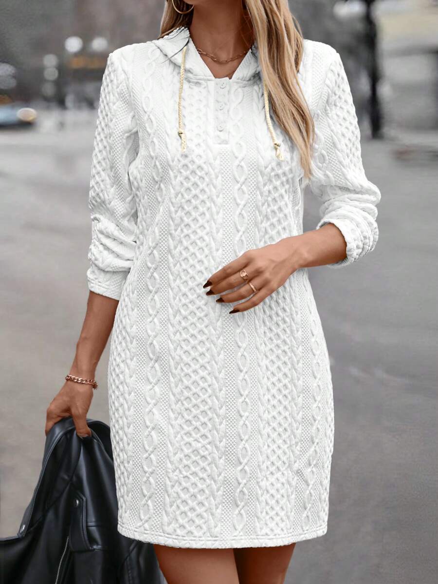 SHEIN LUNE 女士秋冬长袖连帽短款双层纹理针织休闲修身连衣裙，面料随机选择 - 白色 - 查看 1