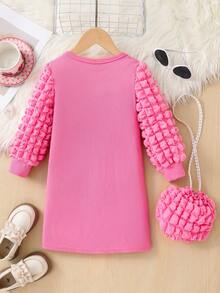 2 件套年轻女孩圆领针织泡泡袖连衣裙配斜挎包，适合日常休闲穿着 - 粉色 - 查看 2