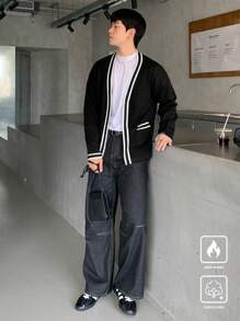 Claim Dot Men's Striped Print Pocket Knit Cardigan Sweater - Black - View 7