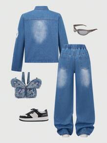 Tween Girl Casual Minimal Print Pattern Washed Denim, All-Match And Comfortable, School, Campus, College