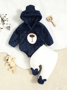 SHEIN 2 件套男婴舒适保暖简约棕熊刺绣长袖连帽连体衣和裤子家居服套装，羊毛 - 寶藍色 - 查看 1