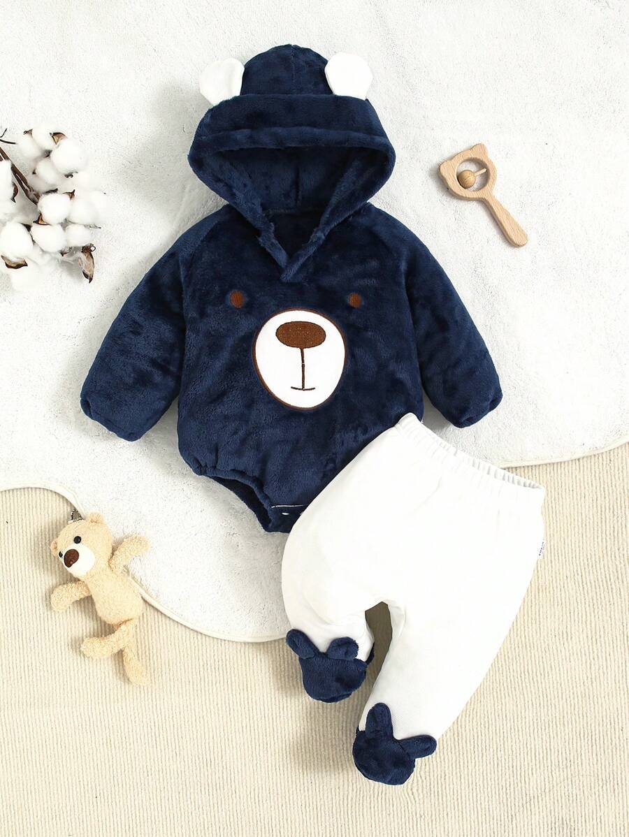 SHEIN 2 件套男婴舒适保暖简约棕熊刺绣长袖连帽连体衣和裤子家居服套装，羊毛 - 寶藍色 - 查看 1