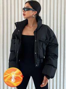 DAZY Women's Stand Collar Short Padded Coat With Pockets, Winter ,Winter Women Clothes,Winter Coat Women Jacket - Black - View 1