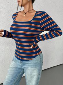 SHEIN EZwear Plus Size Autumn Casual Colorblock Striped Fitted Long Sleeve T-Shirt - Multicolor - View 4