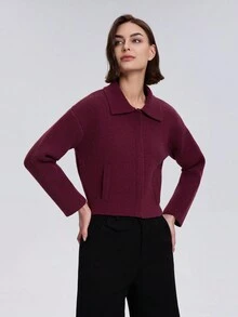 Women's Solid Color Front Zip Long Sleeve Minimalist Casual Knit Cardigan Jacket - Burgundy - View 4