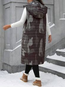 SHEIN LUNE Quần áo mùa đông cỡ lớn in họa tiết camo có khóa kéo bên hông không tay có mũ trùm đầu có đệm - xanh quân đội - Xem 2