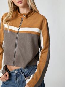 SHEIN EZwear Multi-Color Suede Women Short Zipper Front Jacket For Autumn