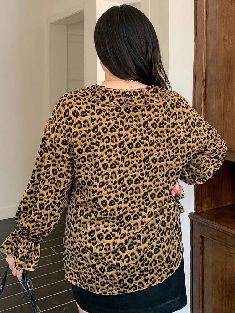 Dazy Petite Plus Plus Size Women Leopard Print Tie Front Long Sleeve Loose Blouse, Autumn,Ruffle Cheetah Print
