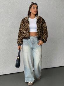 SHEIN EZwear Große Größen Leopard Muster Kurze Flauschige Sweatshirt, Herbst/Winter