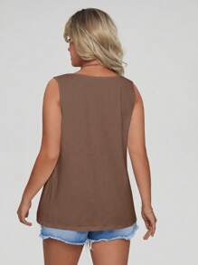 Calvaya Plus Size Solid Color Round Neck Casual Tank Top - Khaki - View 2