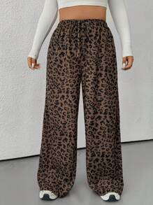 Muchica Plus Size Loose Straight Leg Pants With Leopard Print, Casual, For Autumn/Winter