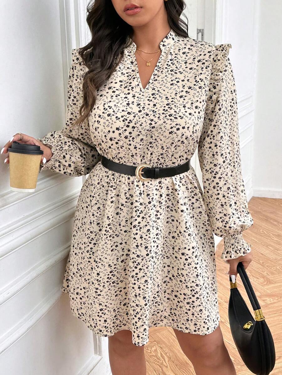 SHEIN Frenchy Plus Size Casual Beige Ditsy Floral Notched Neck Dress For Autumn,Elegant Wedding Guest Tea Party Outfit,Fashionable Vacation Street Commuting Dress - Multicolor - View 1