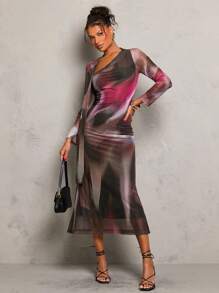 Glamine Mesh Abstract Flowers Print Asymmetric Neck Tie Long Sleeve Midi Dress Dress,Elegant Outfit For Daily Dates, Clubbing, Party And Christmas,New Years Events Dress,Autumn/Winter Clothes For Women