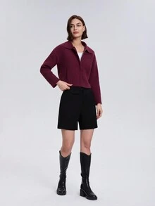 Women's Solid Color Front Zip Long Sleeve Minimalist Casual Knit Cardigan Jacket - Burgundy - View 5
