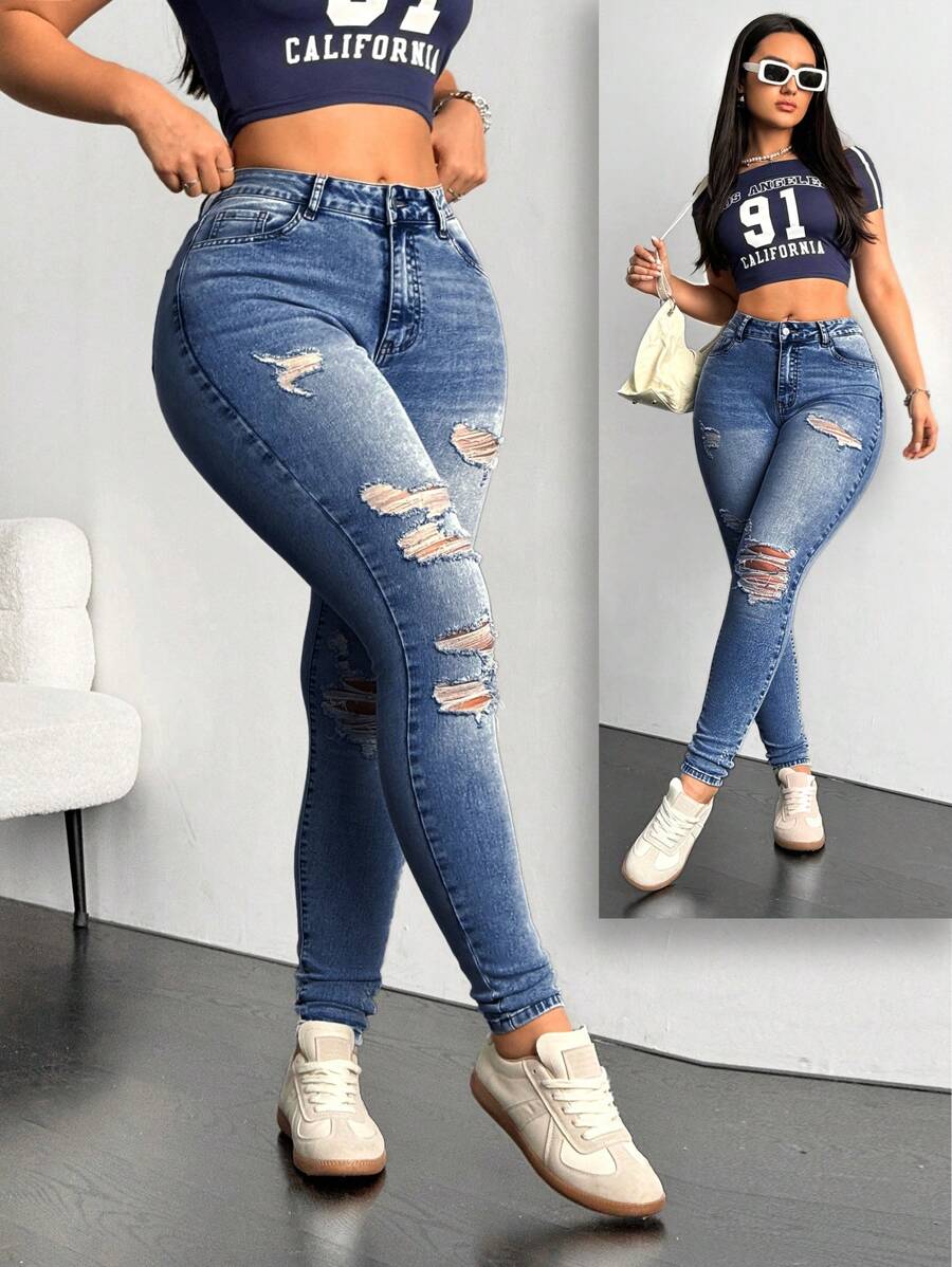 SHEIN EZwear Quần Jeans Skinny Màu Trơn Co Giãn Ôm Sát Cho Nữ - Rửa trung bình - Xem 1
