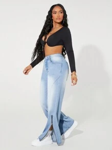 SHEIN SXY Women Casual Distressed Zip Up Flared Leg Jeans - Light Wash - View 5