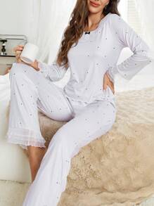 1 bộ áo dài tay chấm bi kèm quần lưới đồ ngủ pijama cho nữ - Nhiều màu - Xem 4