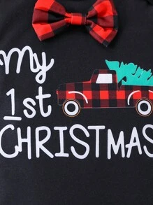 Newborn Baby Boy Christmas Slogan Graphic Contrast Trim Jumpsuit & Hat(3-24M)