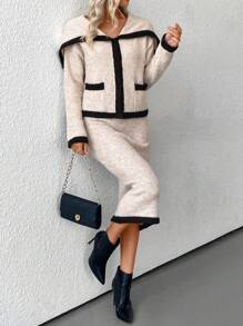 Chiquease Set de 2 piezas para mujer: Elegante cárdigan con ribete de contraste de color + Suéter y falda de punto, otoño/invierno