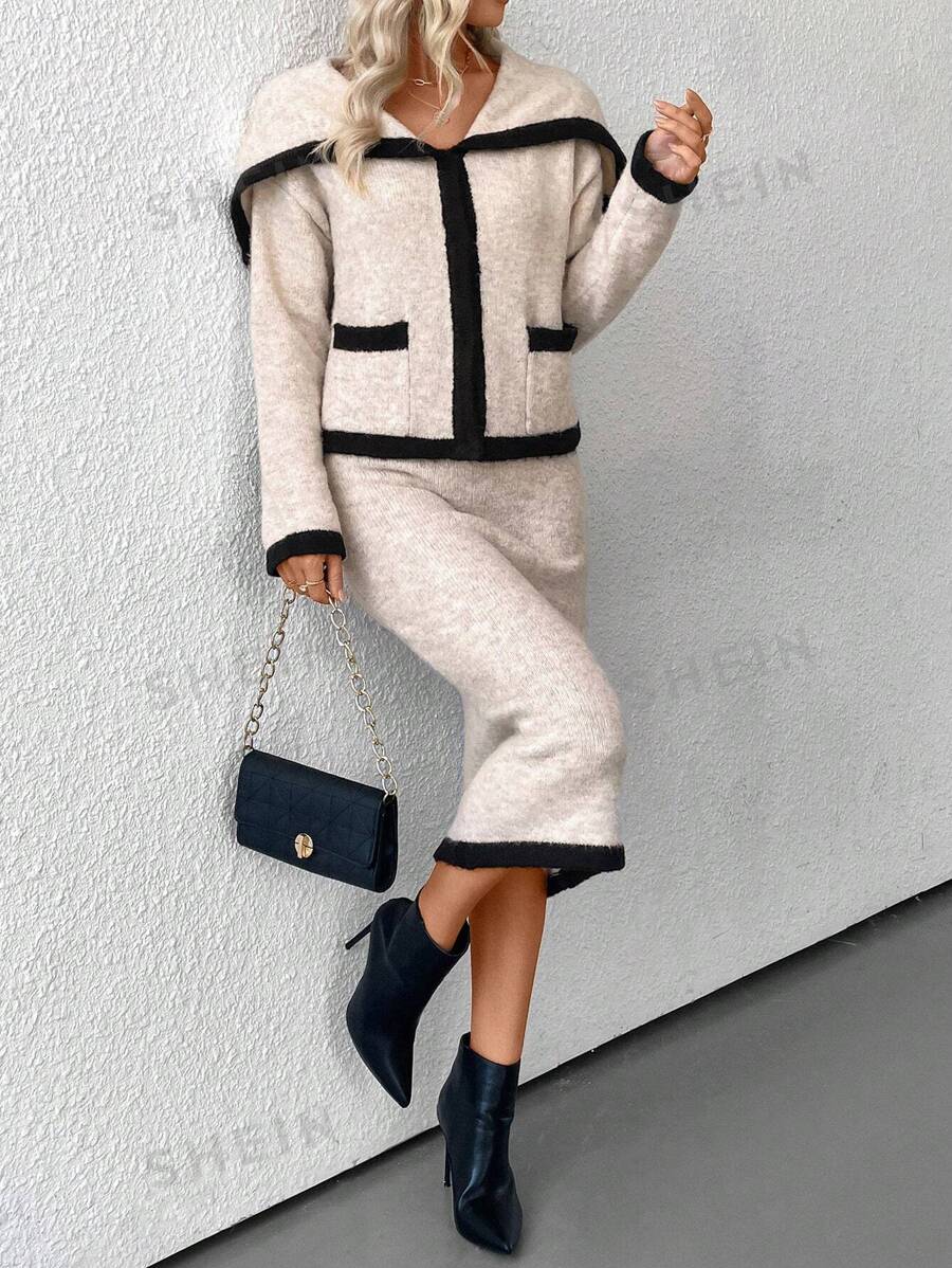 Chiquease Set de 2 piezas para mujer: Elegante cárdigan con ribete de contraste de color + Suéter y falda de punto, otoño/invierno