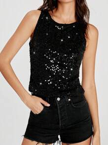 SHEIN X Belinda SHEIN EZwear Moda feminina lantejoulas cor sólida malha sem mangas regata - Preto - Ver 1