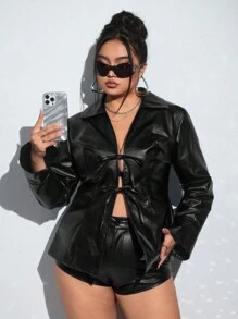 SHEIN ICON Chaqueta de piel de imitación negra con moño, atuendo sexy para citas, para Navidad, talla grande
