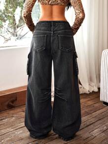 SHEIN ICON Jeans cargo de pierna ancha y multibolsillo de aspecto lavado para mujer