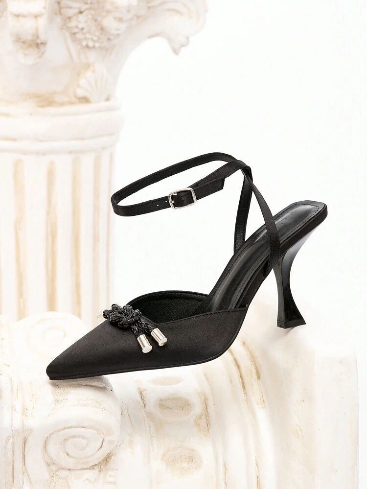 CUCCOO CHICEST Elegant High-End Fashion Black Satin Upper Knotted Design Women High Heel Shoes, Suitable For Dates, Gatherings, Weddings And Evening Parties For Christmas And New Year Holiday Vibe Fall And Winter Valentines
