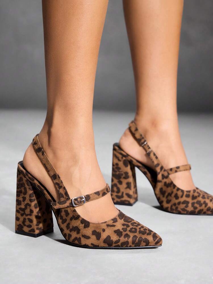 CUCCOO SZL Fashionable Leopard Chunky Heel Pointed Toe Strap Ladies Basic High Heeled Shoes Spring Shoes Spring Break Easter Prom Heels For Christmas Spring Shoes