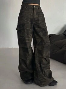 DAZY 女式前扣口袋简约休闲迷彩工装牛仔裤 - 軍綠色 - 查看 1