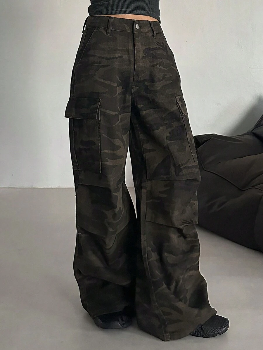 DAZY 女式前扣口袋简约休闲迷彩工装牛仔裤 - 軍綠色 - 查看 1