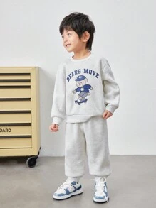 SHEIN 2pcs/Set Young Boy Casual College Style Comfortable Cartoon Bear Pattern Sleeve Pullover Sweatshirt And Elastic Waist Pants Set, Suitable For Kids Outfits, Back To School, Clothes, Daily Wear, School, Outings, Sports, Autumn And Winter