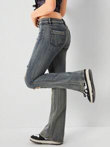 SHEIN Teen Girl Y2K Boho Adjustable Waist Destroy Stretchy Boo Cut Jeans - Bronze - View 3